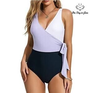 Felnart V Neck Color Block Wrap One Piece Swimsuit Size XXL